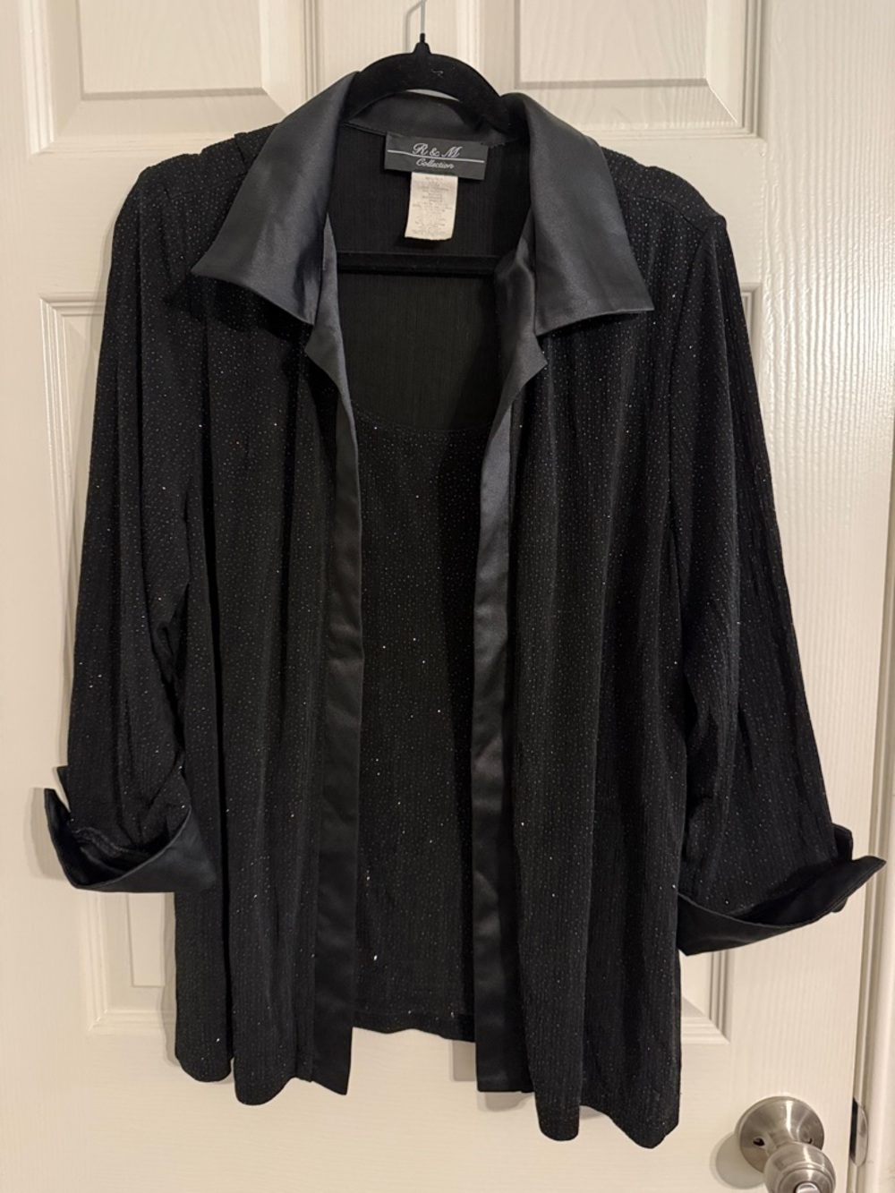 Black Sparkle Top with Open-Front Jacket with Satin Trim